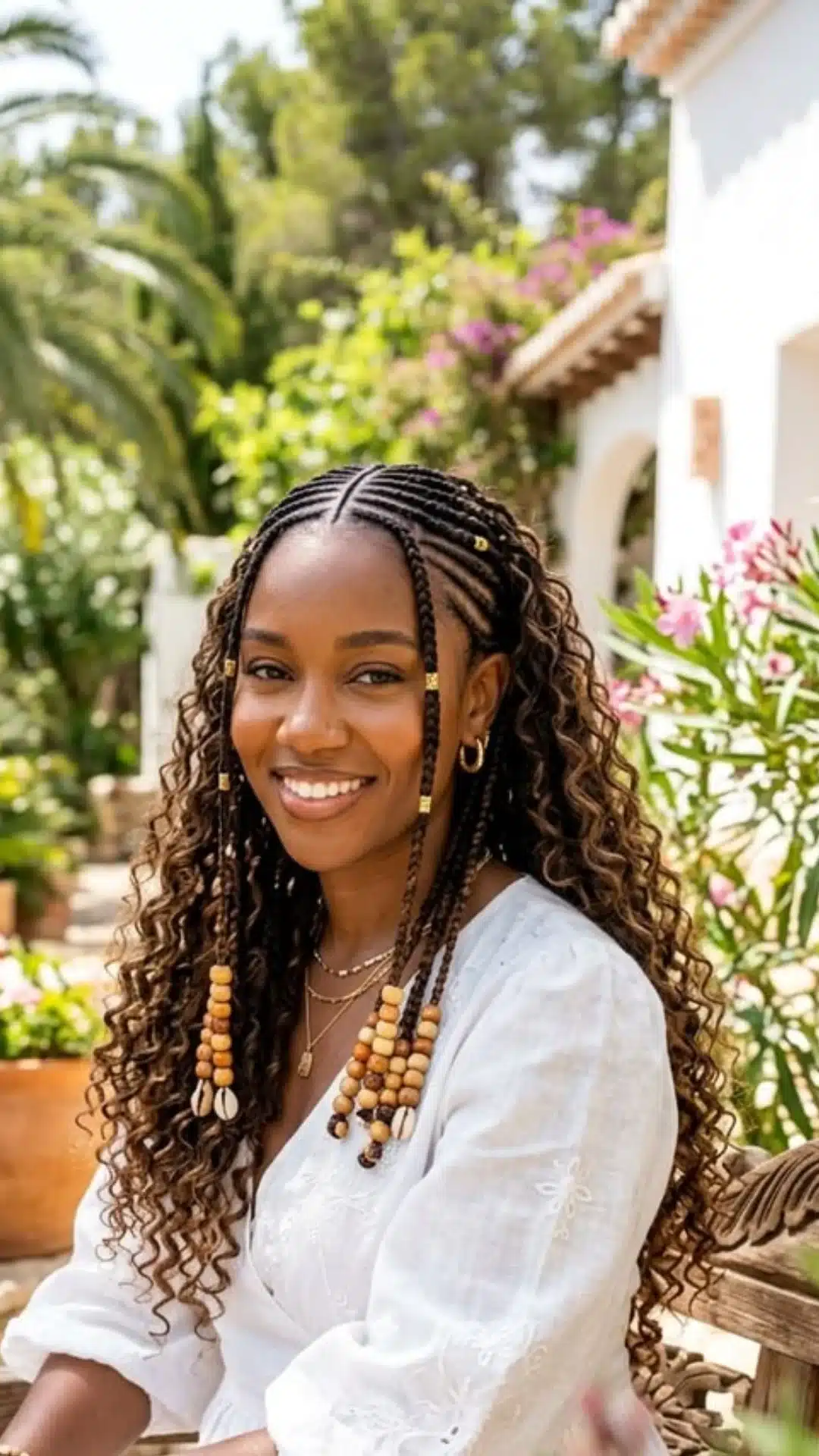 black girl with boho braids featuring wooden beads loose curls center part and protective hairstyle outdoors