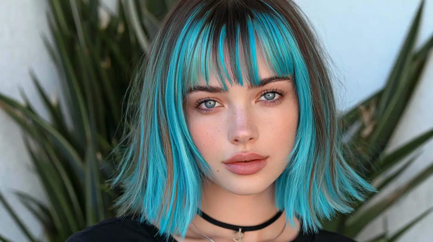 woman with neon blue money pieces blunt bangs and short layered bob in a realistic outdoor portrait with plants