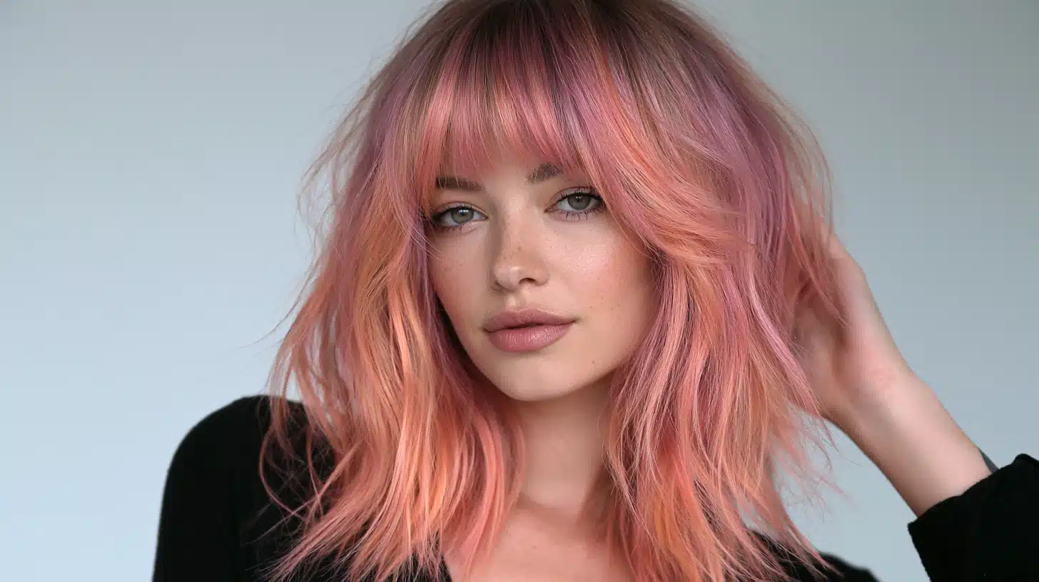 woman with pastel pink layered hair full fringe and soft waves in a realistic beauty portrait with natural lighting
