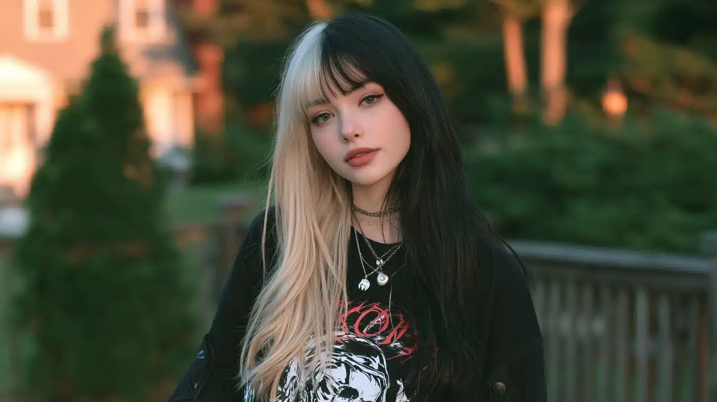 woman with black and blonde split hair blunt bangs and long straight hairstyle in a realistic outdoor portrait