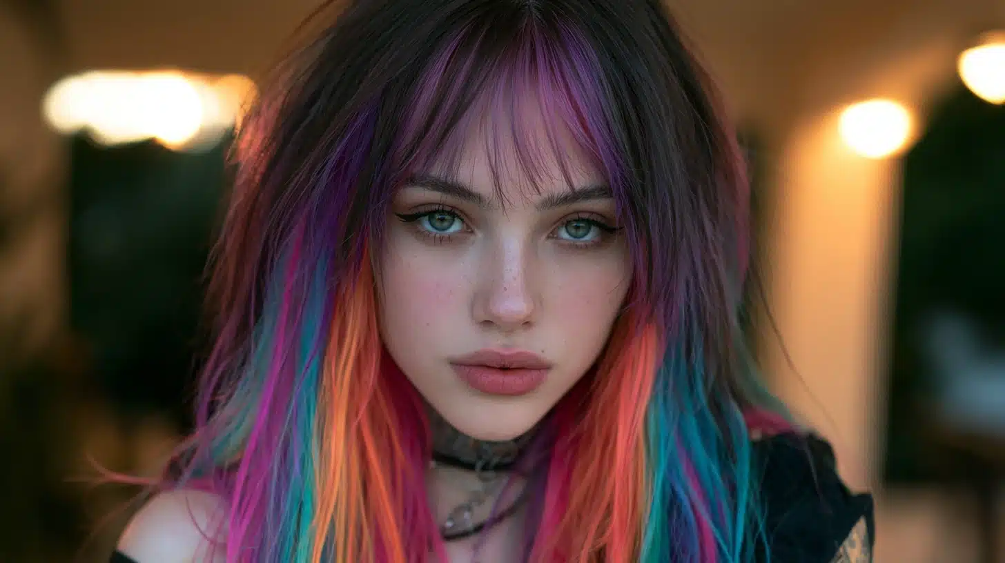 woman with rainbow streaked hair choppy fringe and layered hairstyle in a realistic beauty portrait with soft lighting