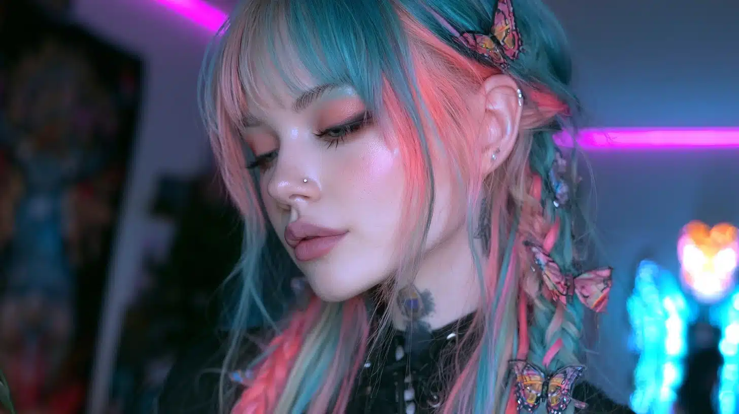 woman with pastel blue pink braids butterfly clips and face framing bangs in a realistic portrait with neon lighting