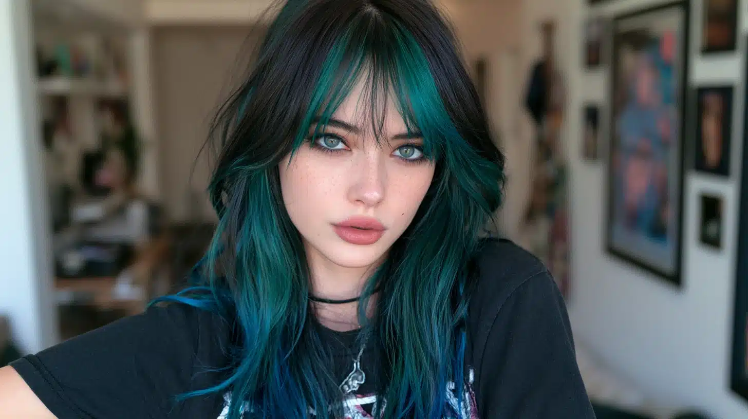 woman with mermaid blue green highlights curtain bangs and layered hair in a realistic indoor beauty portrait