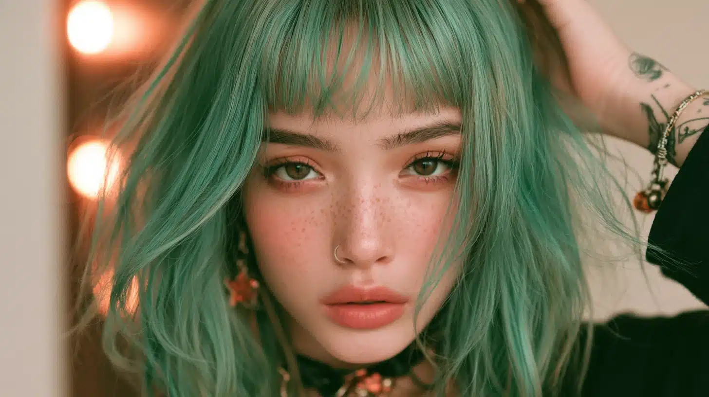 woman with pastel green hair blunt bangs and textured bob hairstyle in a realistic beauty portrait with warm lighting