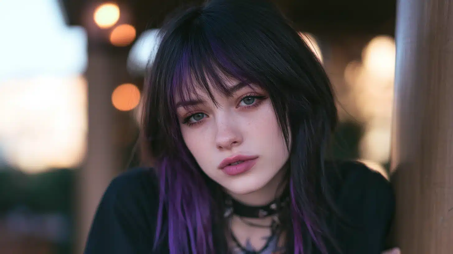 woman with chunky purple highlights wispy bangs and layered black hair in a realistic outdoor beauty portrait