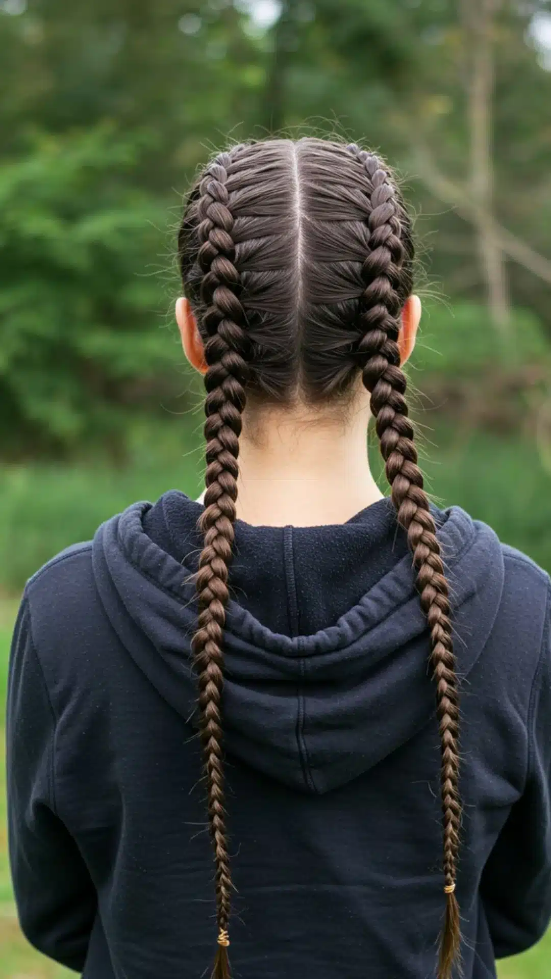 back view of neat double french braids with center part on long dark hair outdoor natural hairstyle inspiration for everyday wear