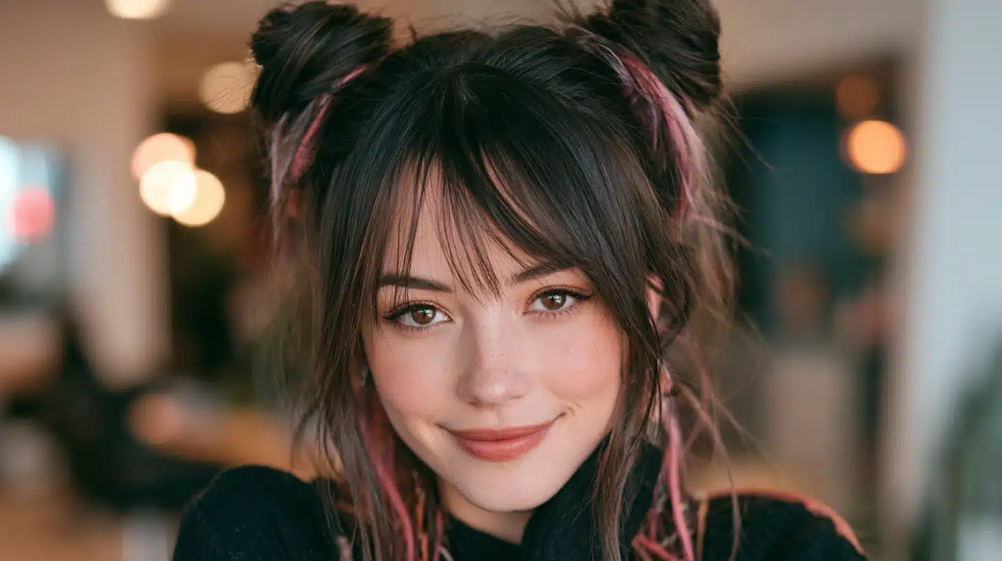 Woman with high space buns wispy bangs and soft pink highlights in a realistic salon portrait with natural lighting