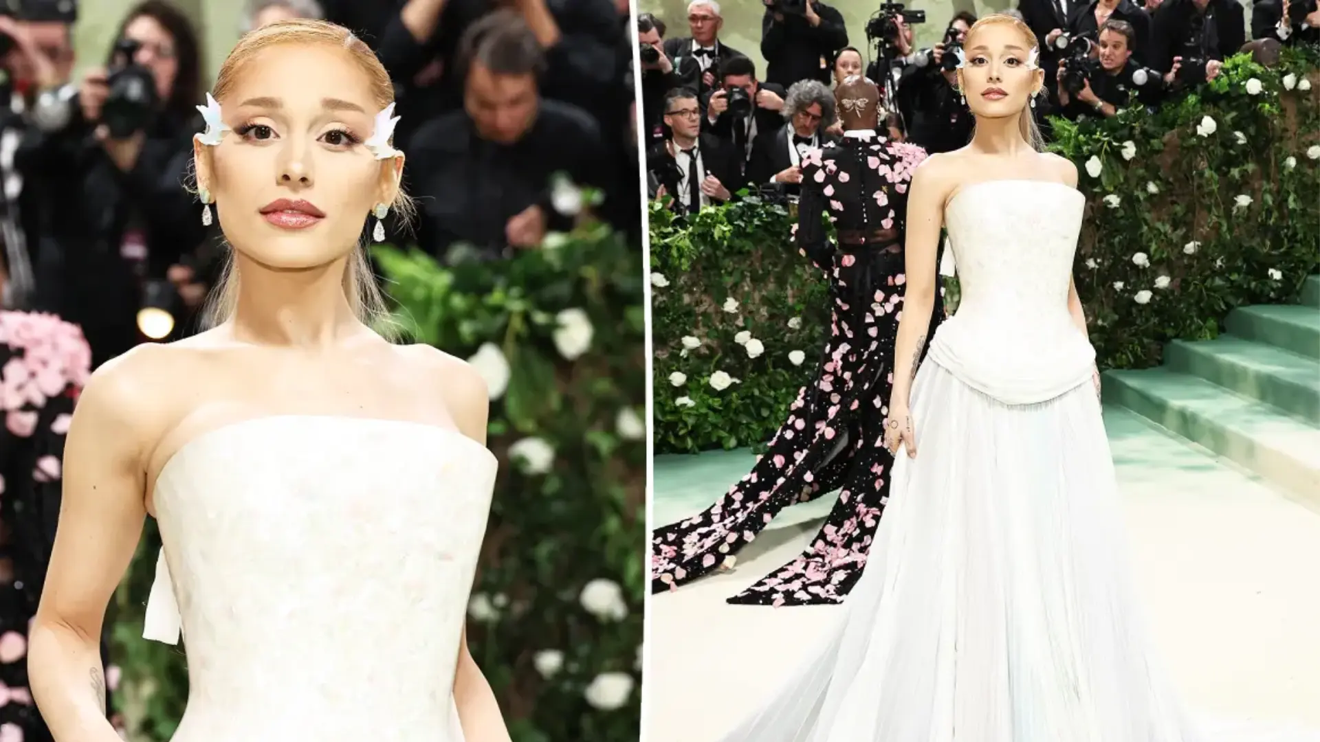 Ariana Grande poses in a strapless white gown at a floral-themed red-carpet event, shown in close-up and full-length views.