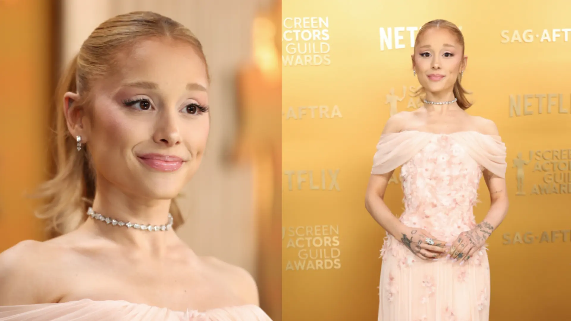 Ariana Grande appeared at the 2025 SAG Awards in a custom-made Loewe pink bustier gown. The neckline of the gown was decorated with feather flowers embroidery. This gown is more romantic and fitted compared to the previous tulle gowns that Ariana has been wearing recently. Ariana complemented the look with Jared Atelier jewelry pieces and her iconic ponytail hairstyle. She completed the whole look with a soft and glowing makeup look. This look was hailed by many as her most polished pink look ever, right before the Oscars season began. Cindy Erivo appeared with her again on the red carpet.