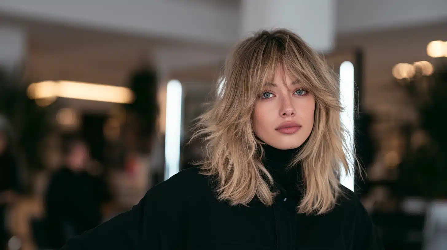 Woman with textured wolf cut choppy bangs and layered ash blonde hair in a realistic modern salon portrait