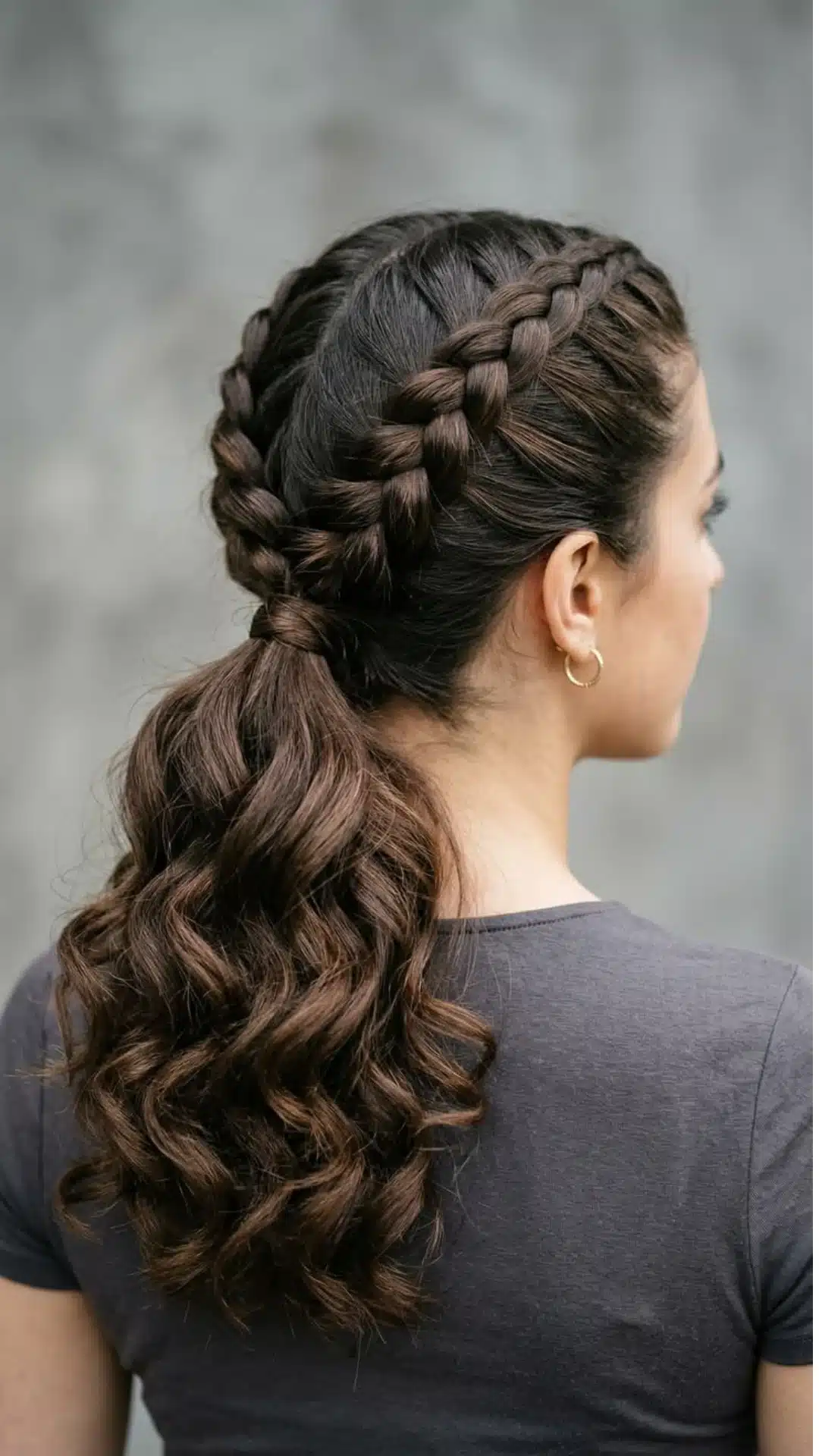 side and back view of a french braid flowing into a low curly ponytail on long dark hair elegant everyday hairstyle