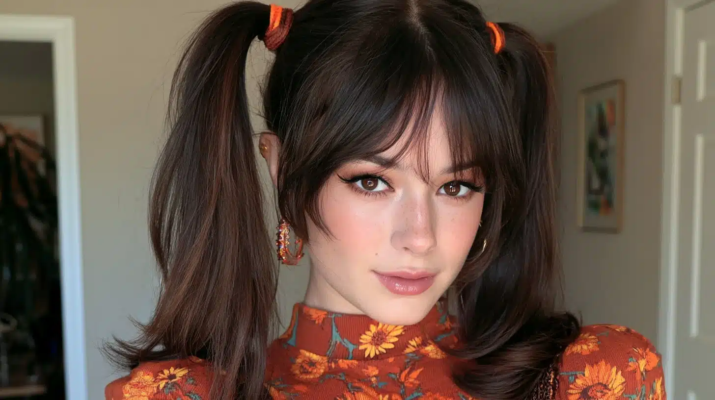 Woman wearing high pigtails with curtain bangs and dark brown hair in a realistic portrait with natural lighting