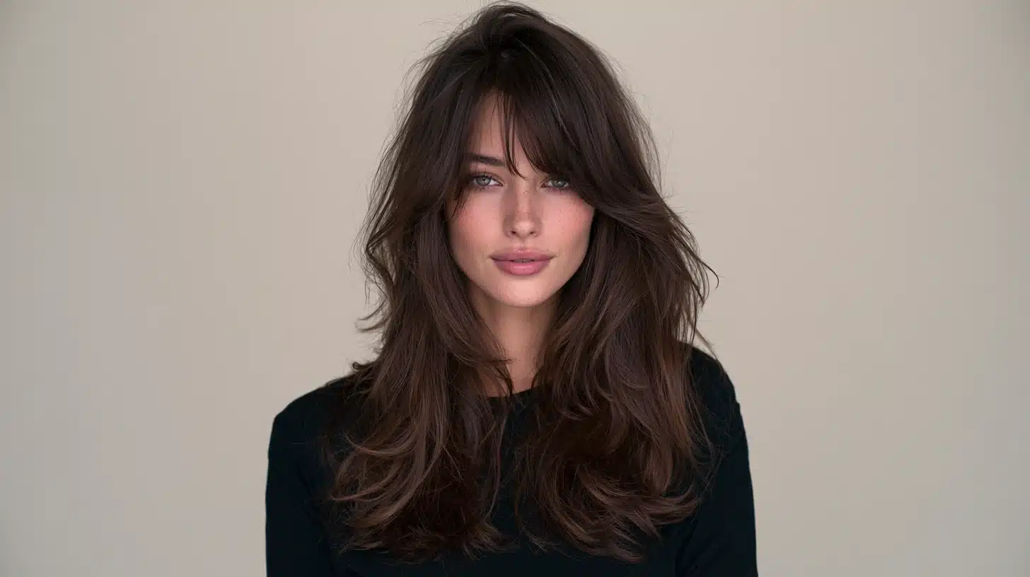 Woman with long layered ash brown hair and see through bangs in a realistic salon portrait with soft natural lighting