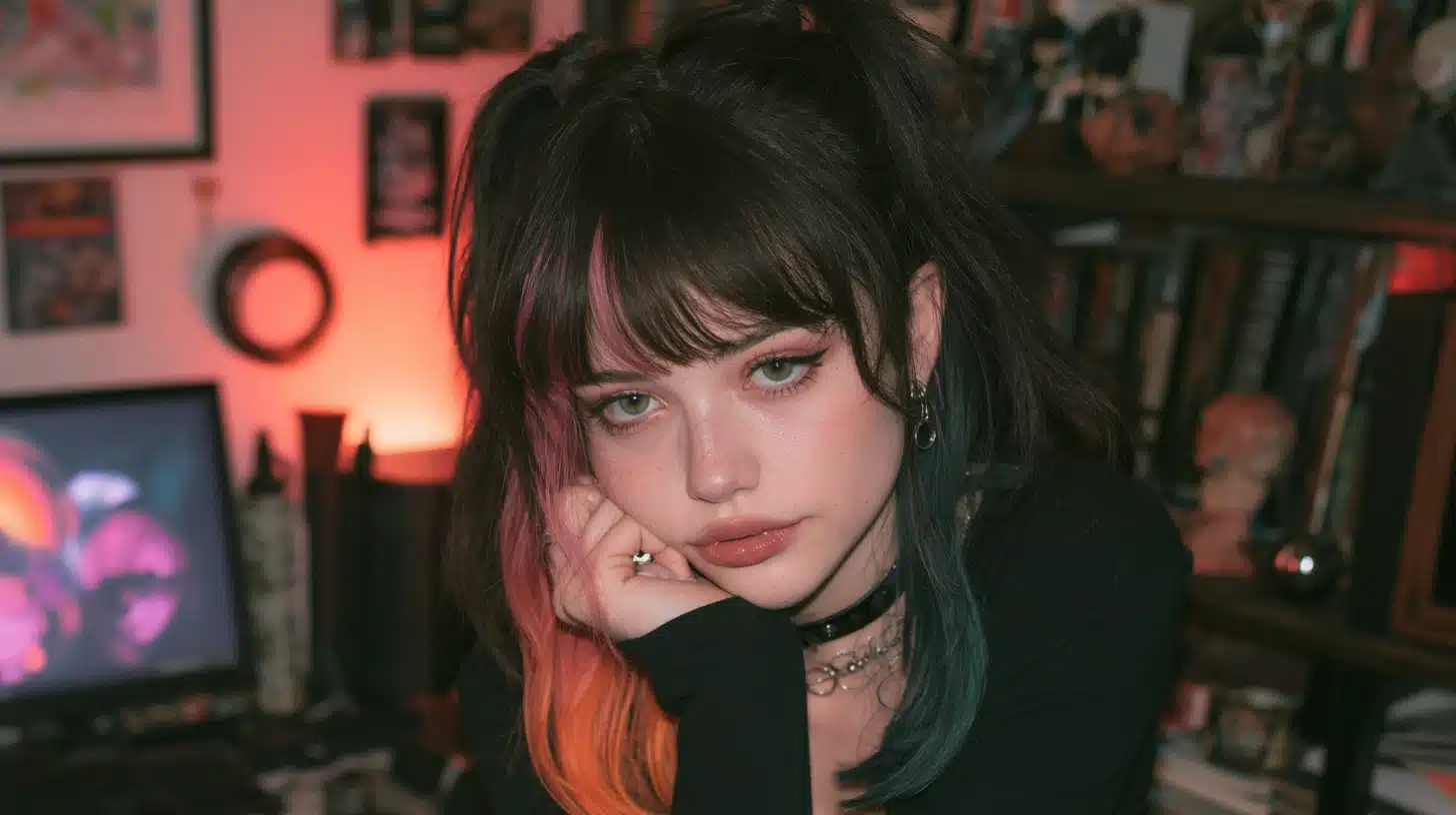 Woman with half up e girl hairstyle bangs and pink money pieces in a realistic salon portrait with soft lighting