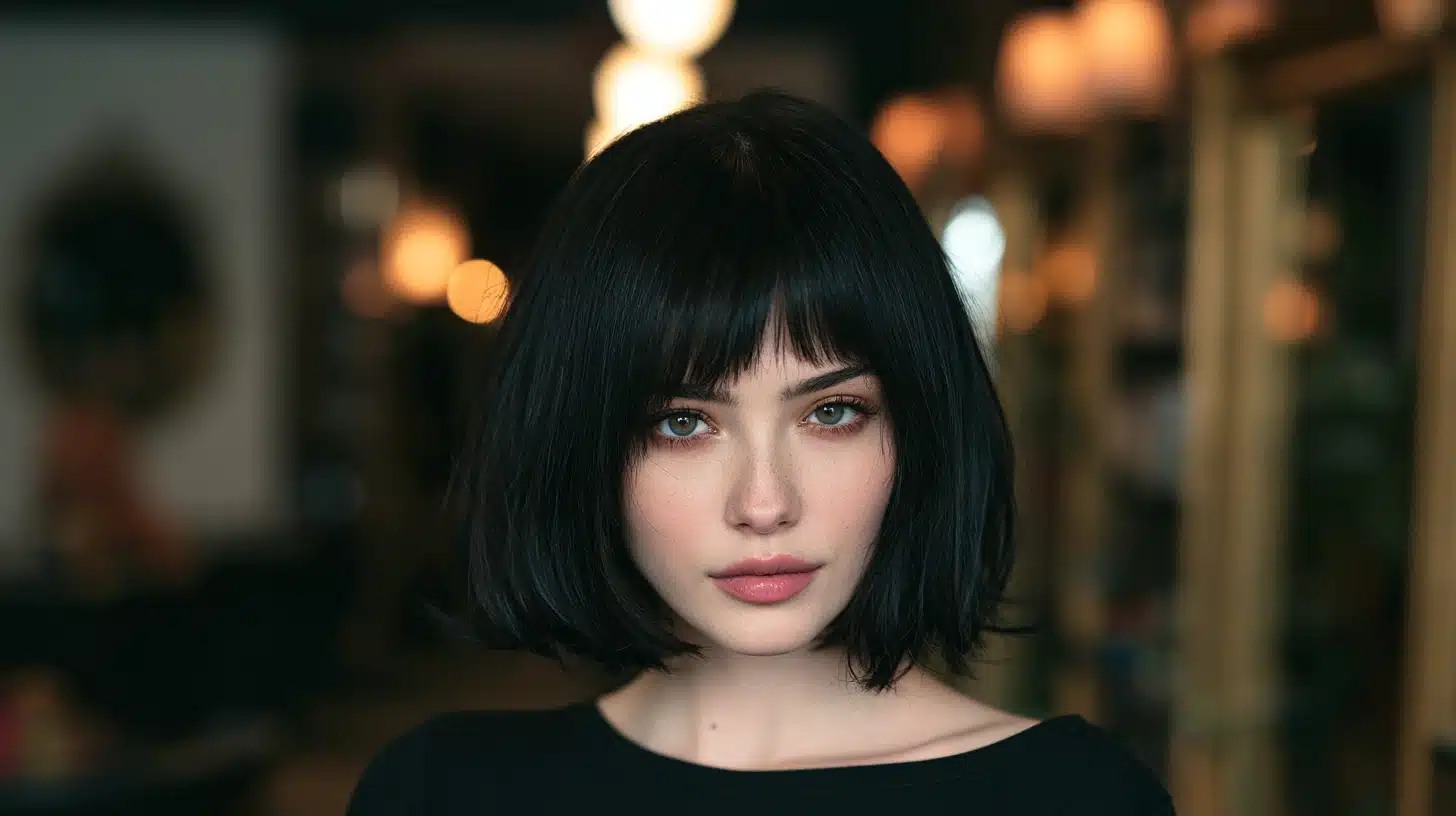 Woman with sleek black bob haircut and short baby bangs in a realistic salon portrait with natural indoor lighting
