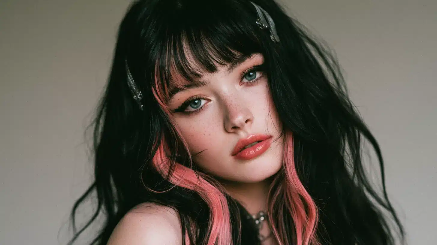 Woman with trendy e girl hairstyle and bangs featuring pink money pieces in a realistic beauty salon portrait.