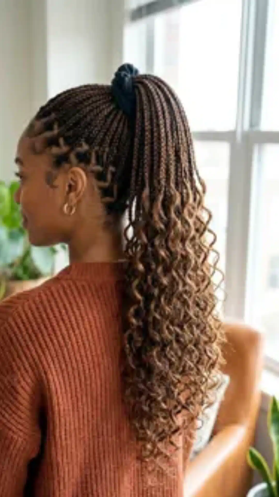 black girl with high ponytail boho braids featuring long defined curls and neatly braided protective hairstyle side view