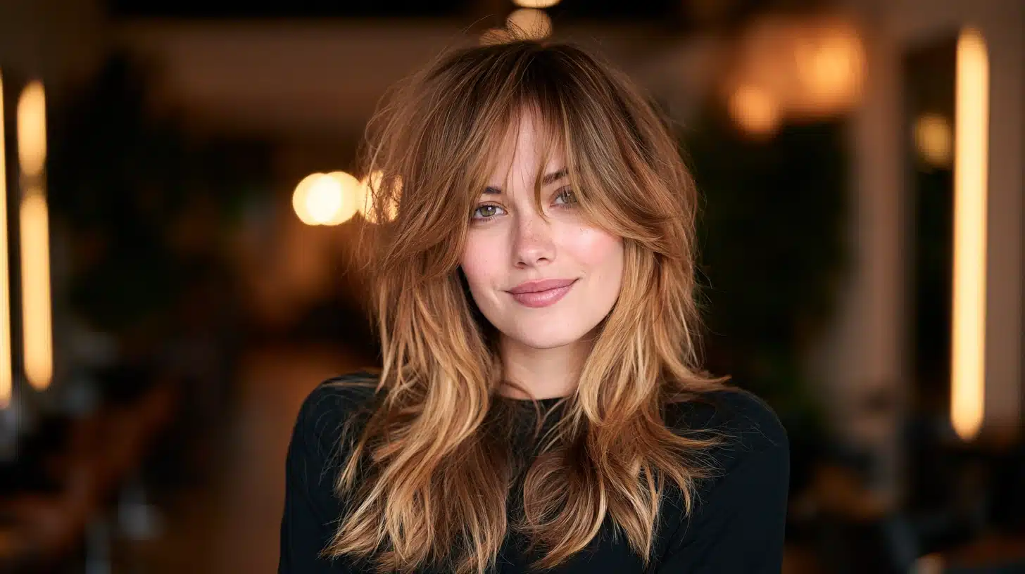 woman with shag mullet haircut textured fringe and copper blonde layers in a realistic salon portrait with soft lighting
