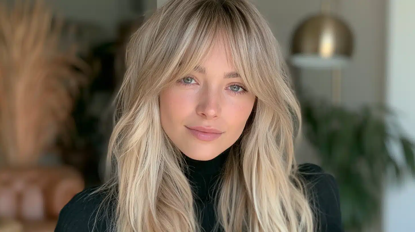 woman with bleach blonde hair curtain bangs and soft layered waves in a realistic portrait with natural daylight