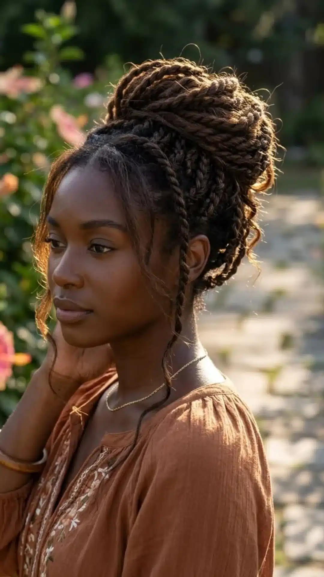 black girl with boho braided bun featuring loose face framing curls and elegant protective hairstyle outdoors