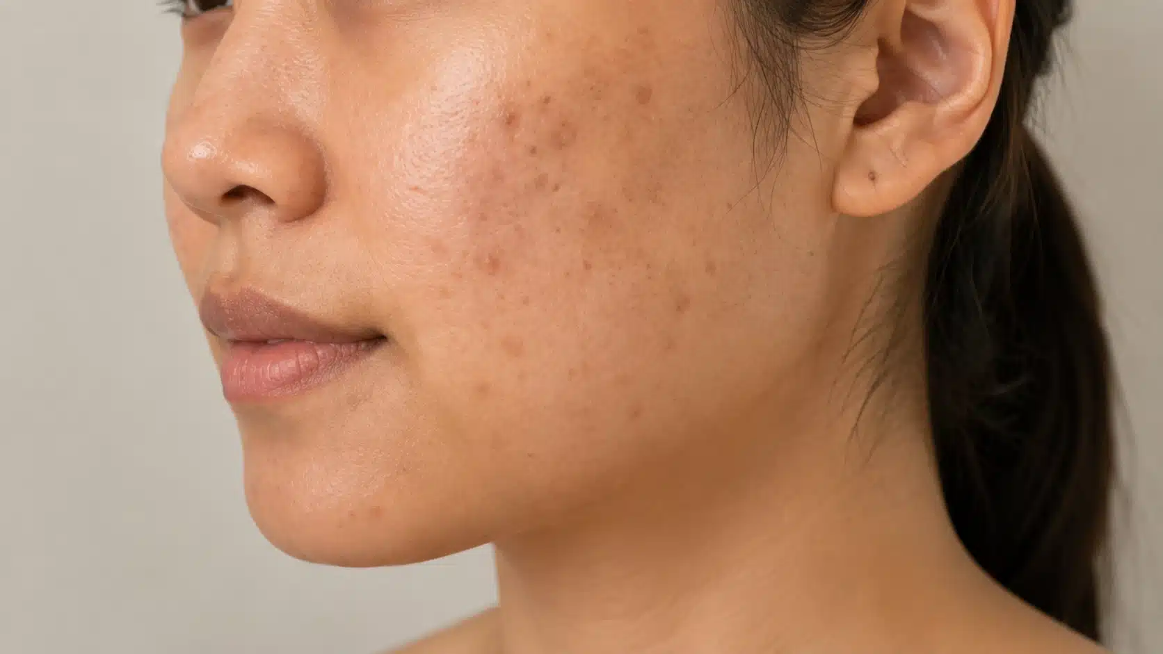 close up of a person’s cheek showing mild acne marks, dark spots, and uneven skin texture