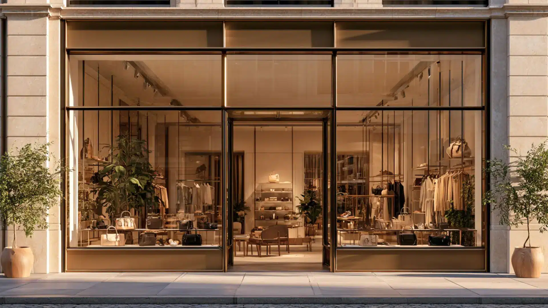 Exterior view of a storefront showcasing a large window and a decorative potted plant at the front