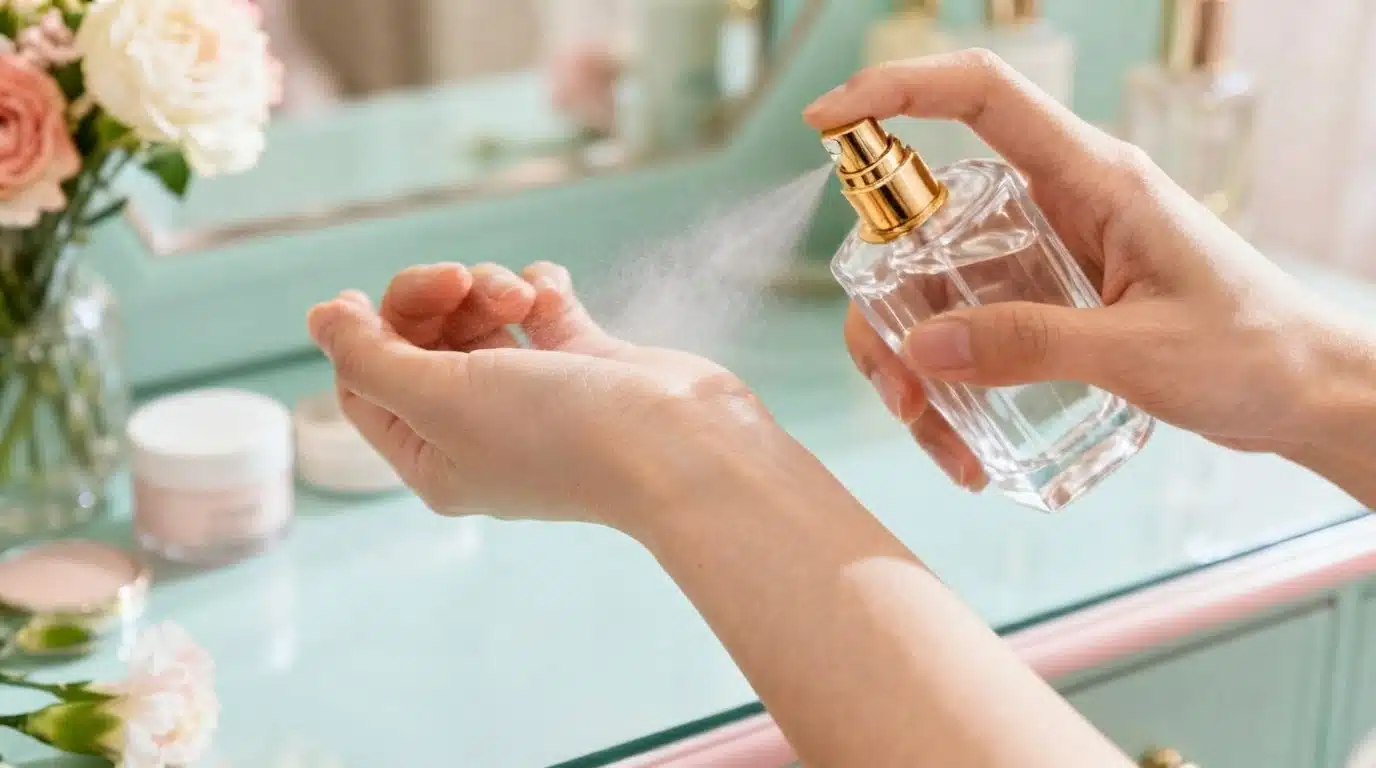 A woman applies perfume to her hands, holding a bottle with one hand while spraying with the other.