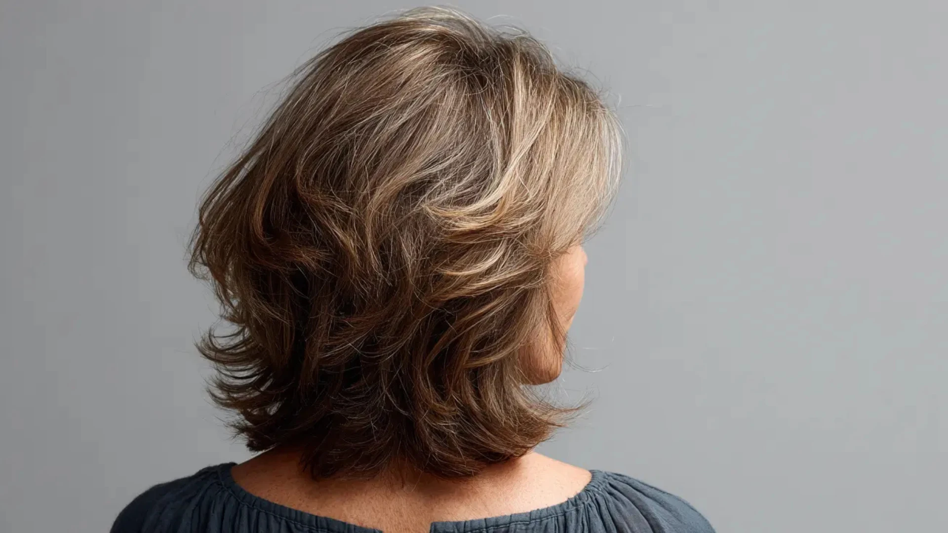 Back view of a layered lob haircut with soft textured layers adding movement and volume to fine hair