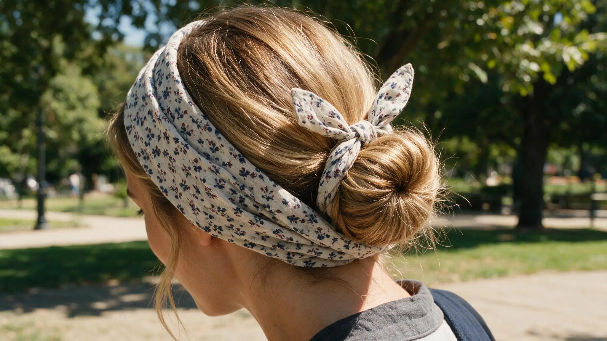 woman with medium-to-long hair wearing a bandana-covered bun, with folded fabric wrapped around the hairline and nape