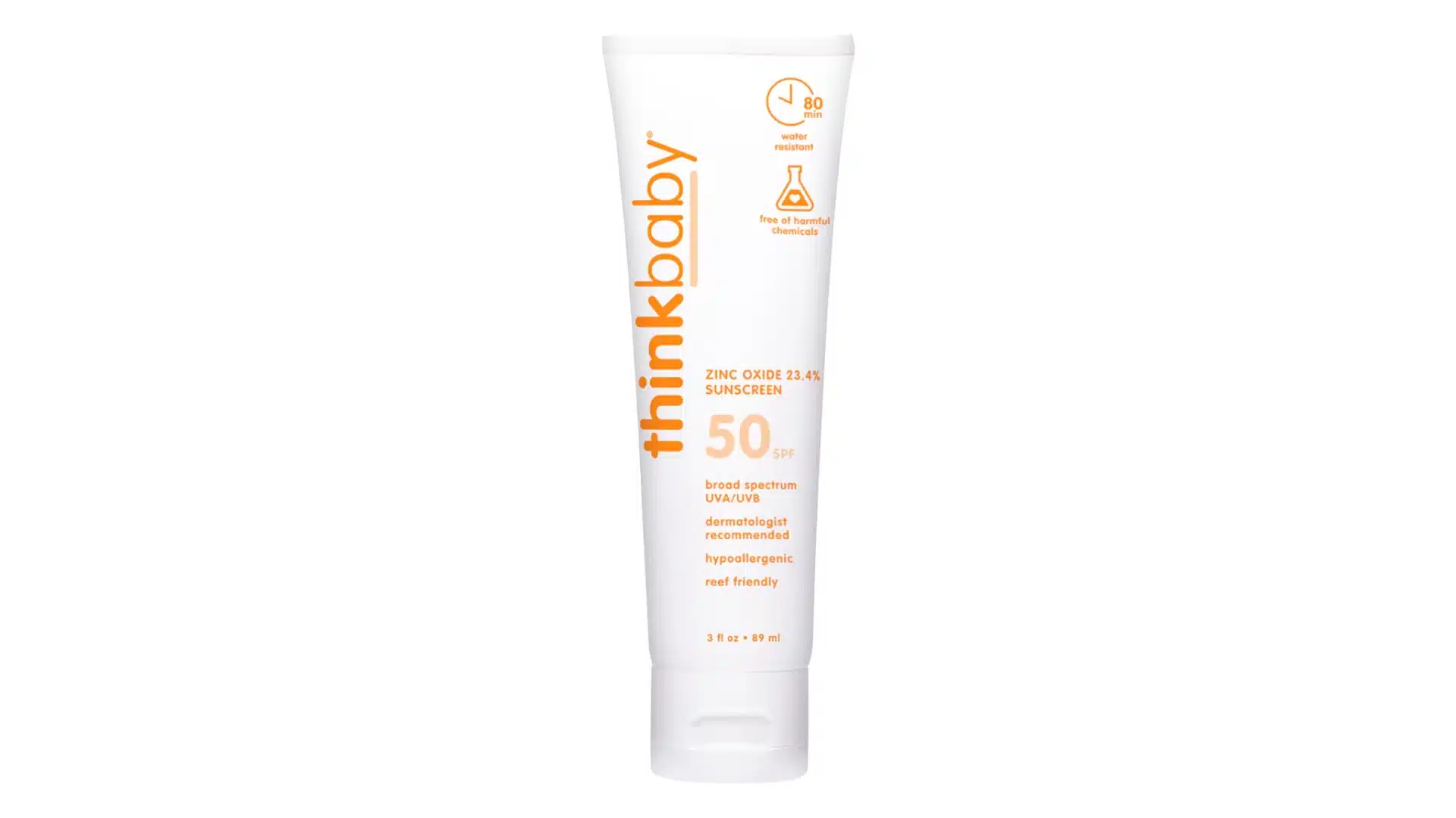 Thinkbaby Safe Sunscreen SPF 50 mineral sunscreen tube on a white background