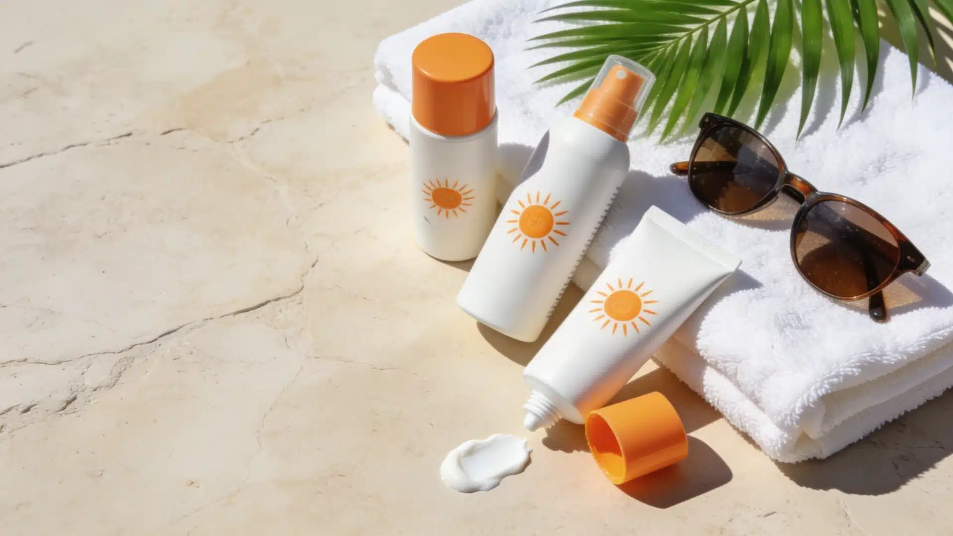 Best mineral sunscreen bottles and tube beside a white towel sunglasses and a palm leaf in natural sunlight