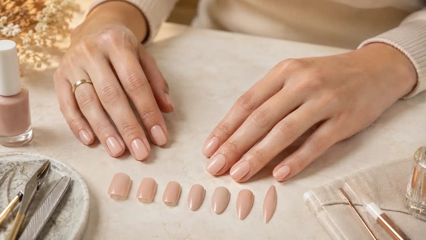 several nails displaying round, oval, square, squoval, almond, coffin, and stiletto nail shapes in nude polish