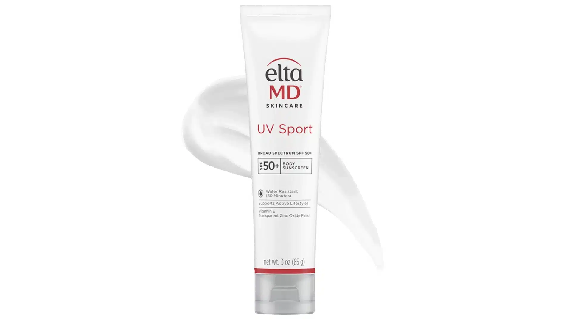 EltaMD UV Sport SPF 50 mineral sunscreen tube with a white sunscreen