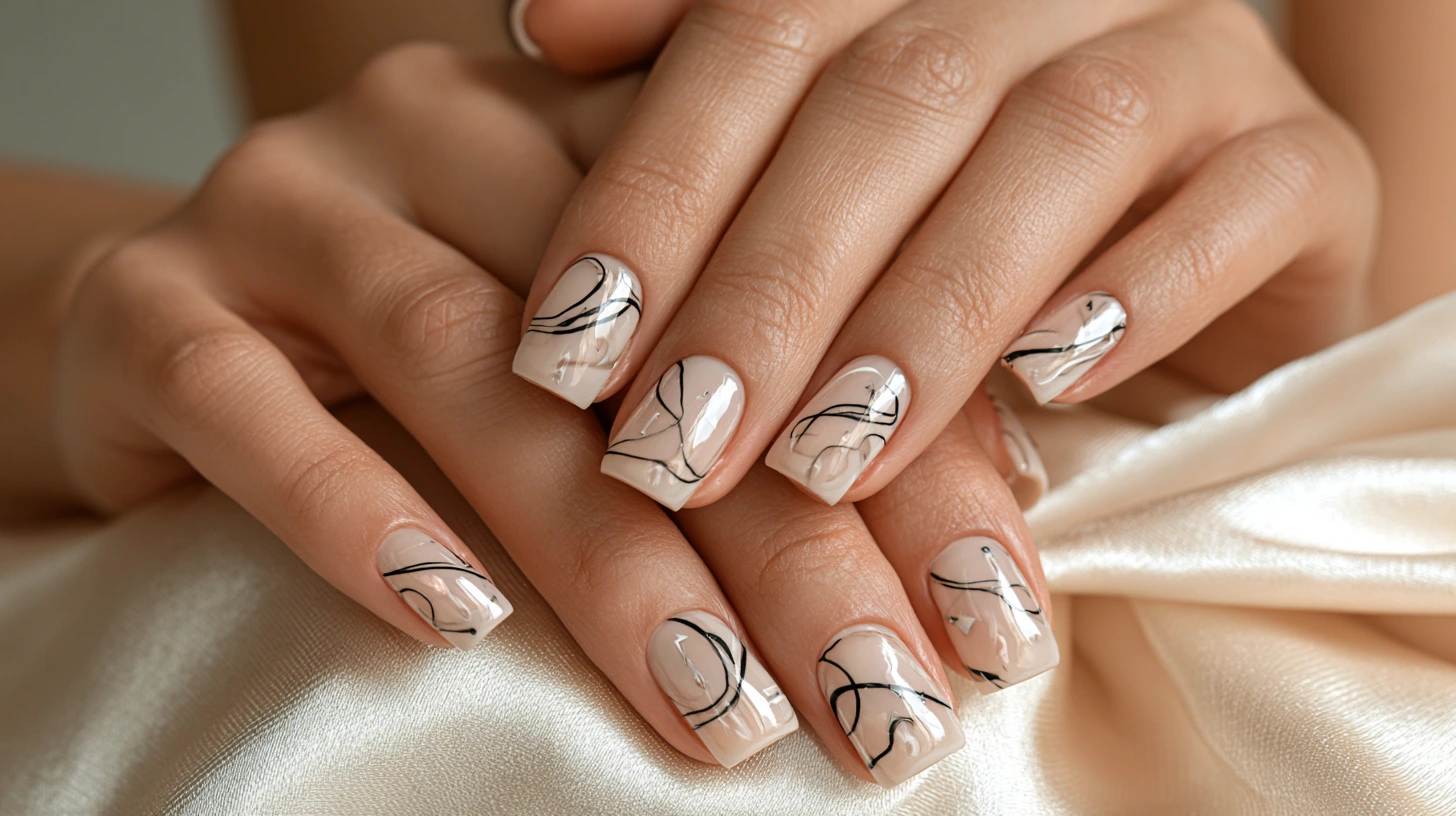 Short square nails featuring minimalist black line art on a glossy sheer base.