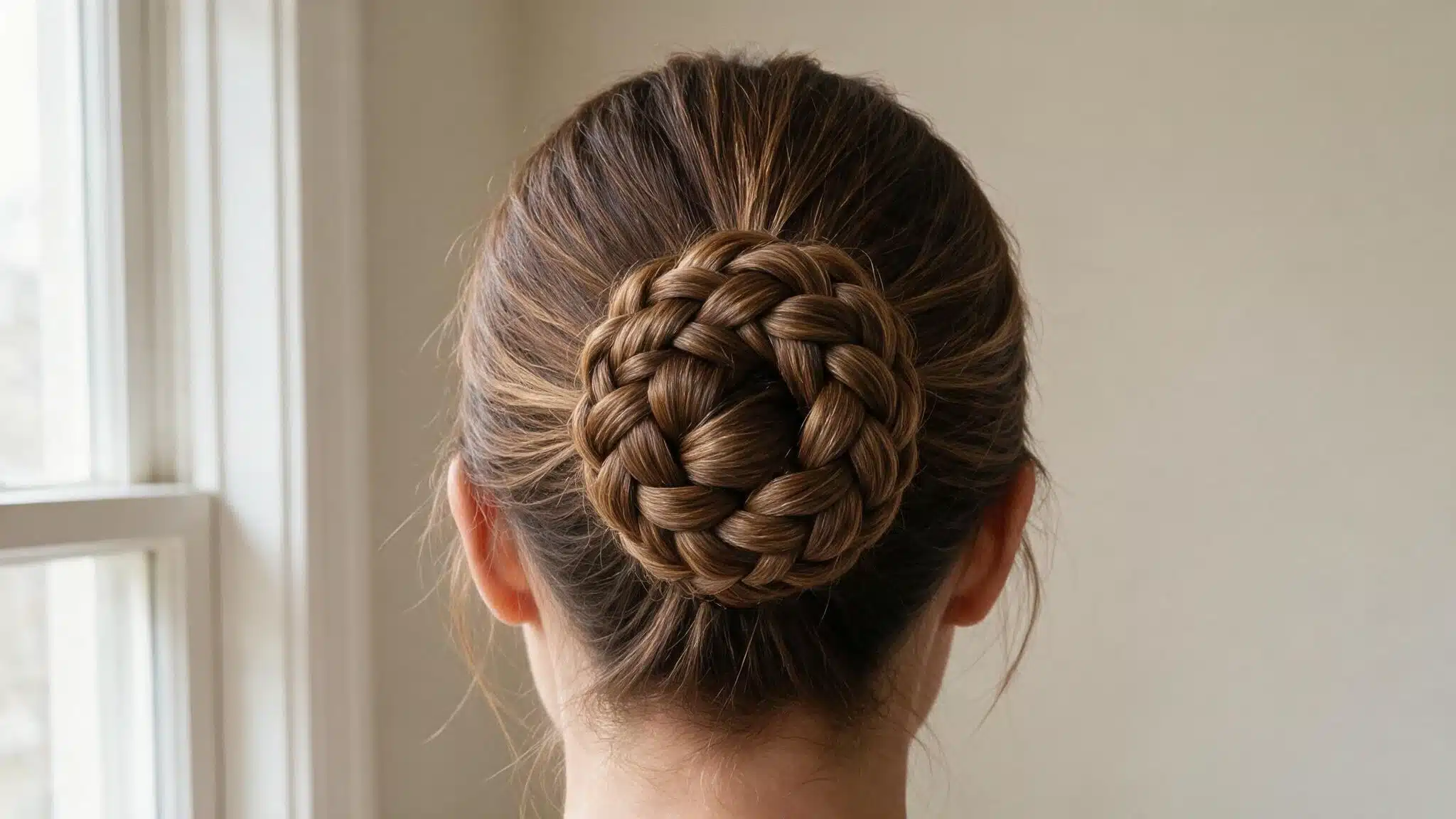 woman with long hair wearing a braided bun, with a three-strand braid wrapped into a compact textured coil at the back