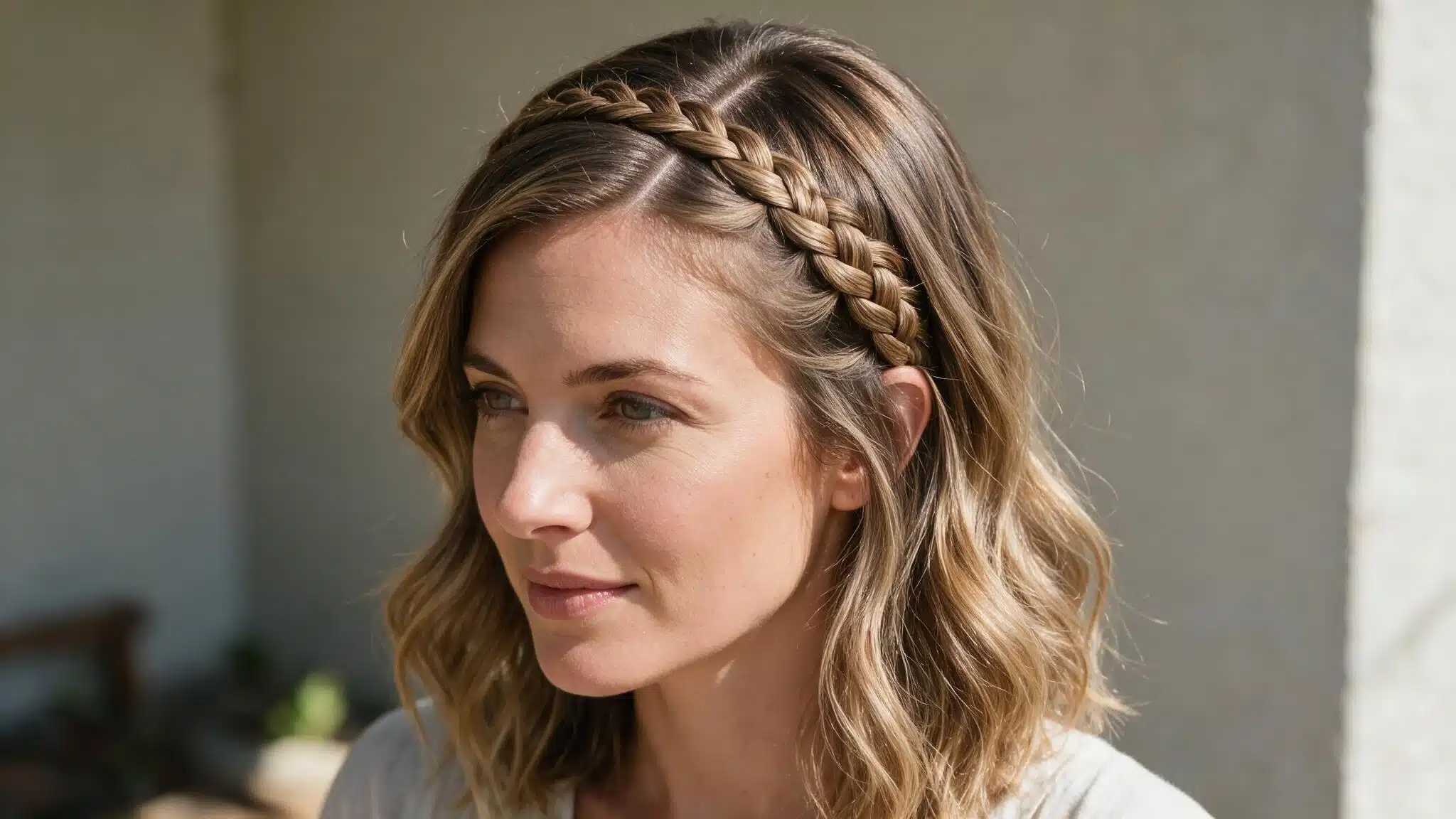 woman wearing a braided headband hairstyle, with a narrow braid across the front hairline and loose medium-length hair