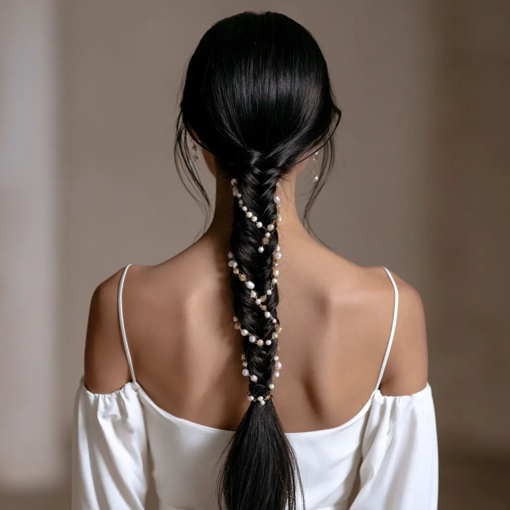 A woman with a long braided hairstyle, gazing off to the side with a serene expression.
