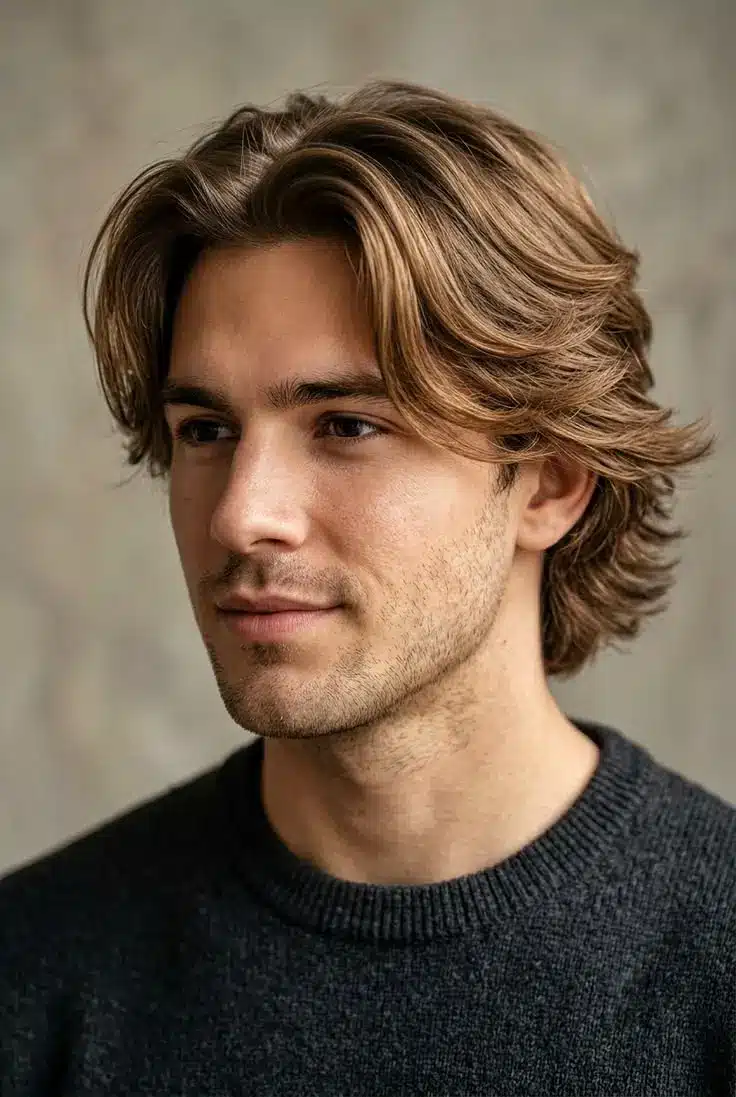 Bro flow hairstyle with medium length layered hair swept naturally away from the face