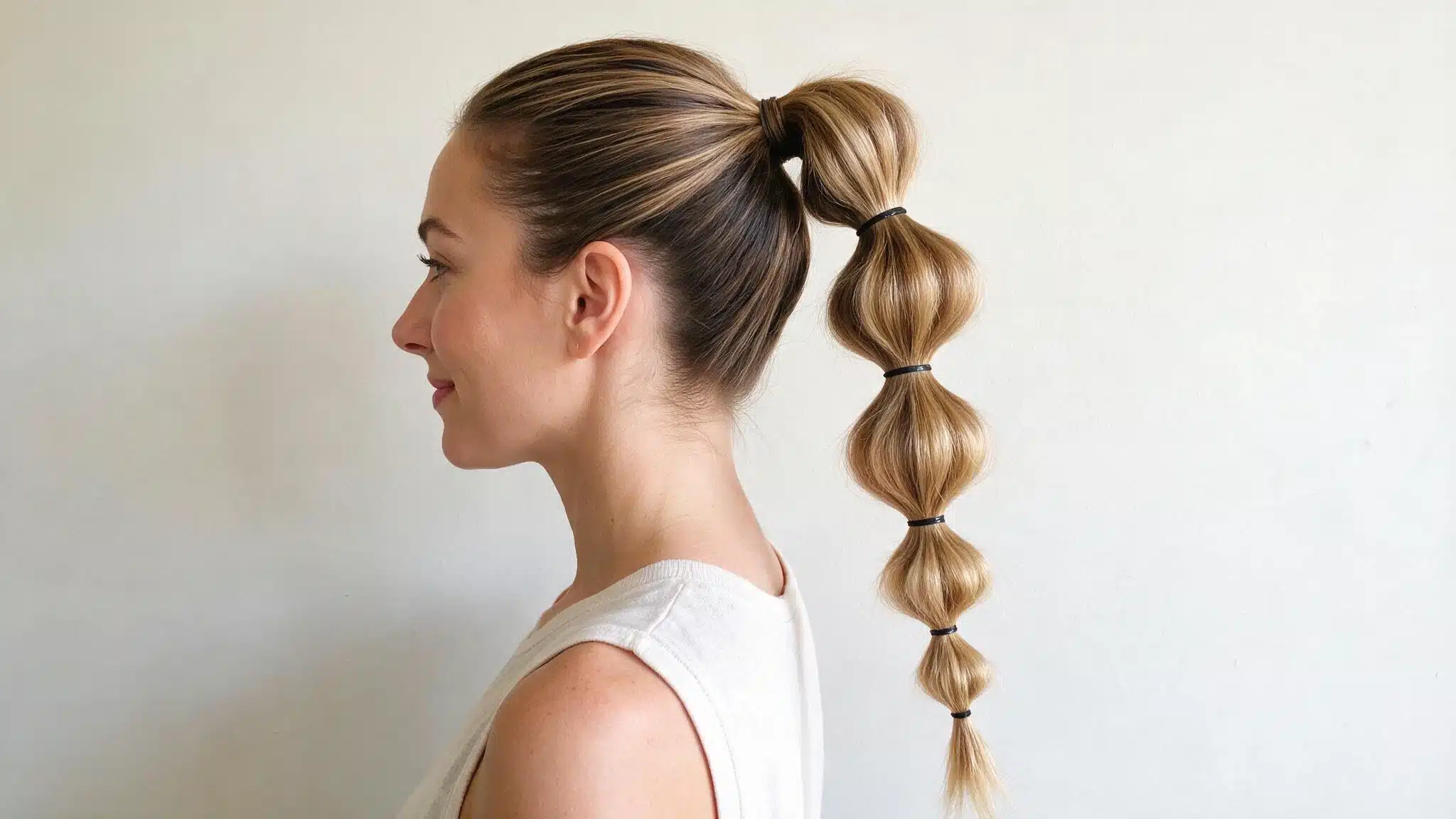 woman with medium-to-long hair wearing a bubble ponytail with evenly spaced elastics and soft rounded sections