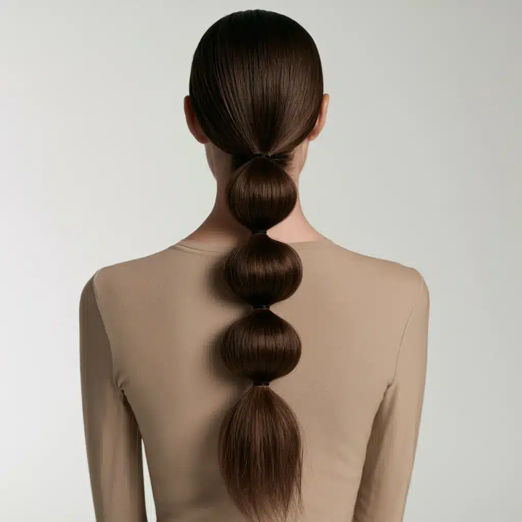 Back view of a person with long brown hair styled into a segmented bubble ponytail, wearing a beige long-sleeve top against a plain light background.