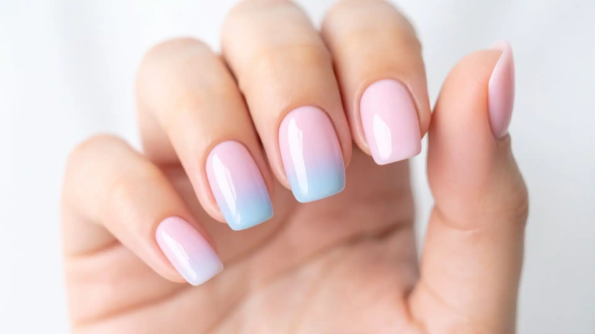 Pastel pink to blue ombre nails on coffin-shaped acrylics, an example of how to do ombre nails at home