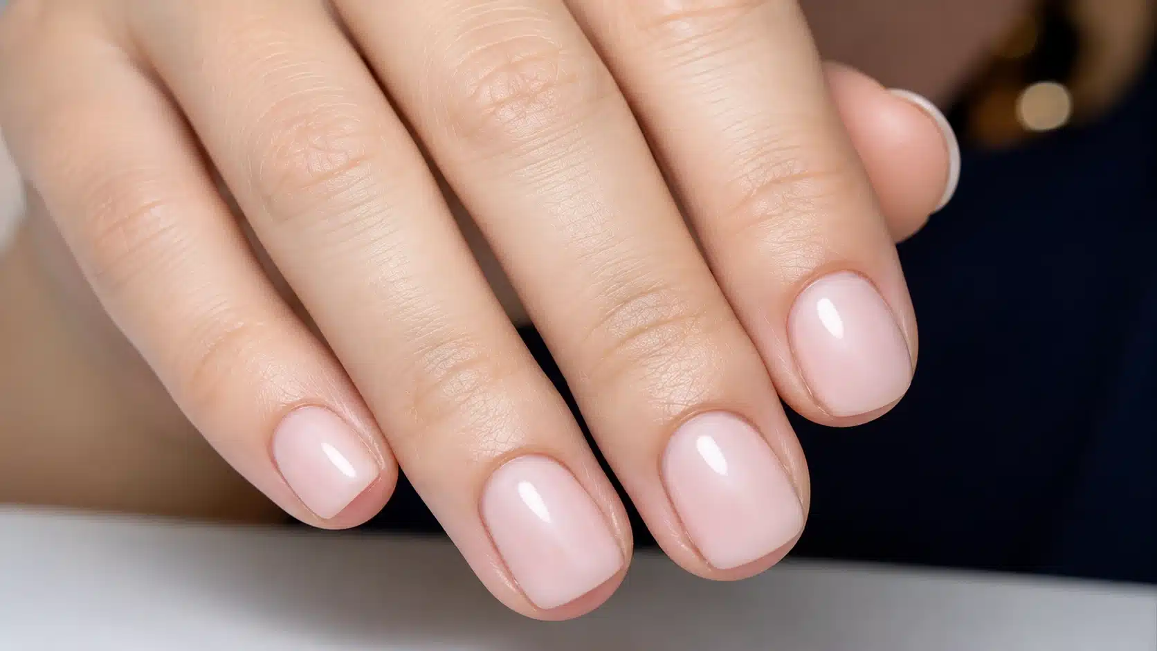 close-up of short natural nails with a glossy pale pink builder gel overlay and a smooth, rounded finish