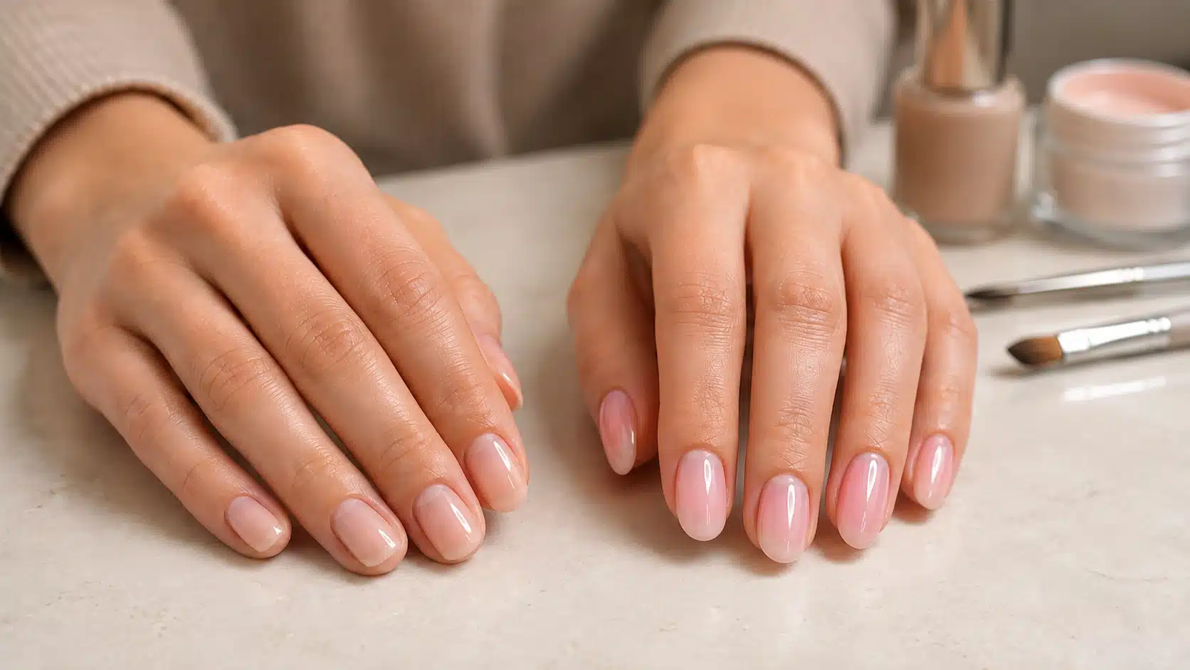 two hands with equal-length nude builder gel and pink hard gel nails showing different structure and finish