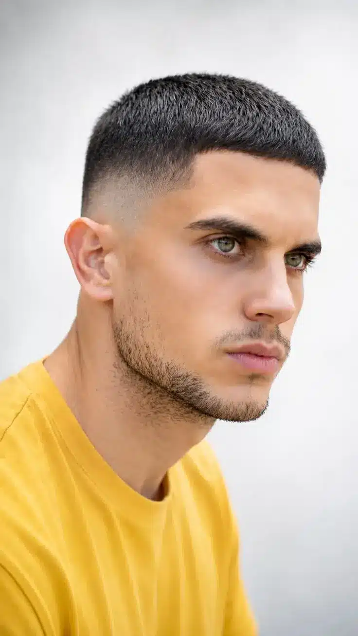 Buzz cut with a mid skin fade and evenly clipped hair for a sharp low maintenance look
