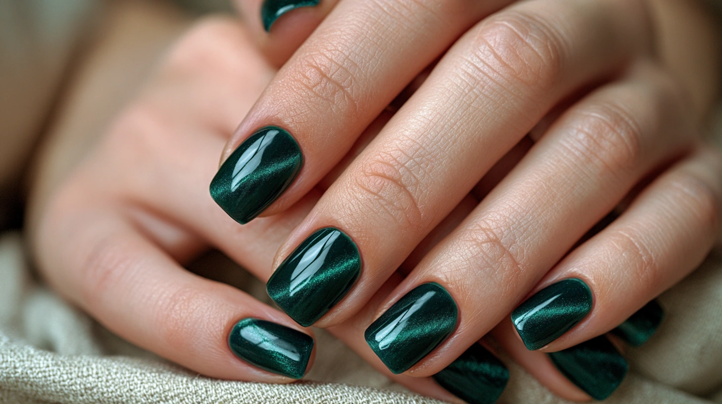 Short square nails featuring a cat eye magnetic manicure, deep emerald green polish with a luminous velvet-like magnetic shimmer running diagonally across each nail.