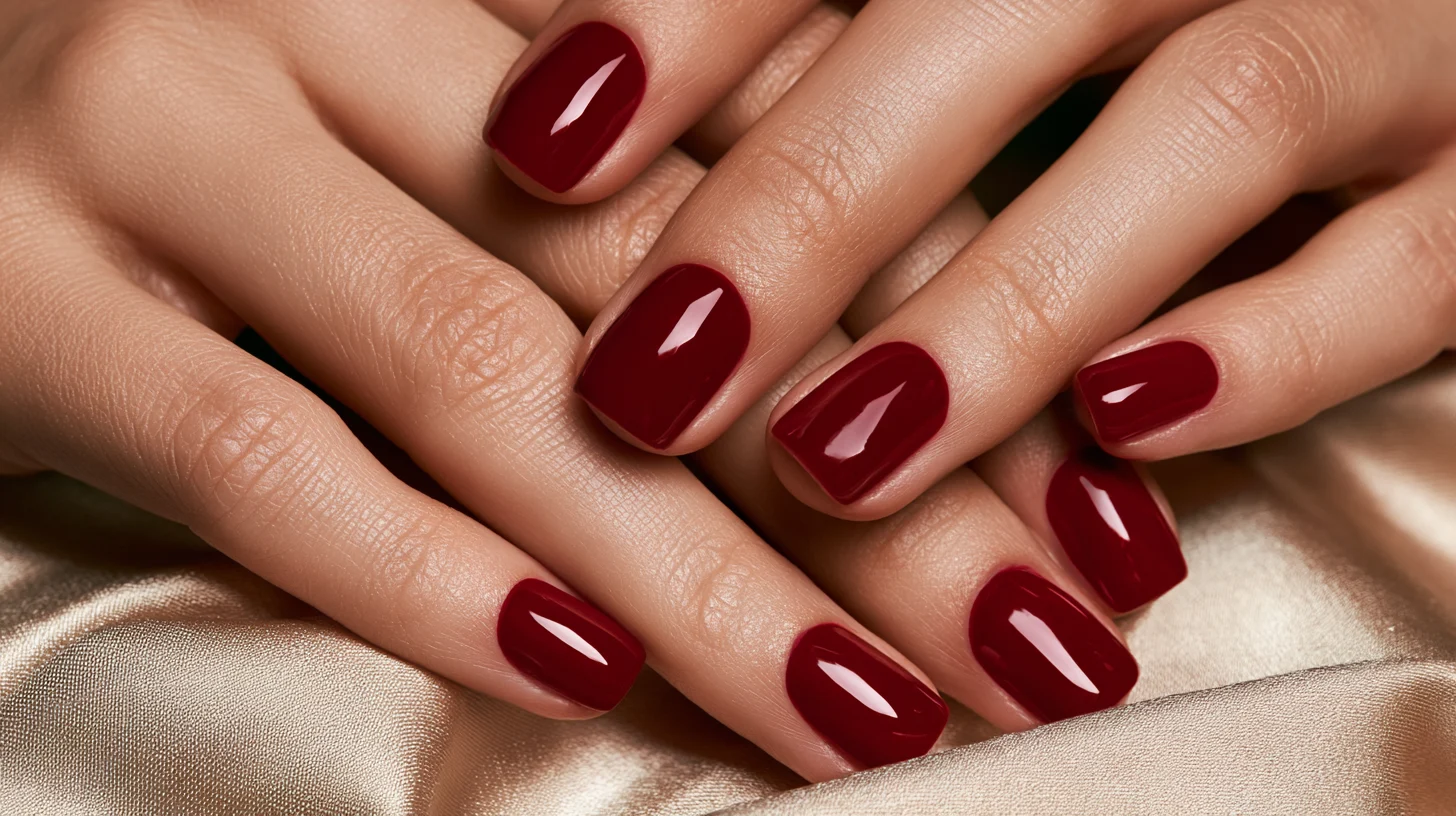 Short square nails painted in a rich cherry red glossy polish, vibrant deep red color with a mirror-like shine.