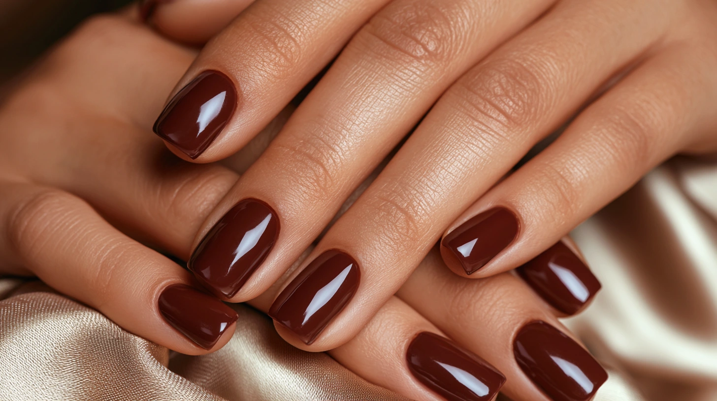 Short square nails painted in a rich chocolate brown glossy polish, warm deep brown tone.