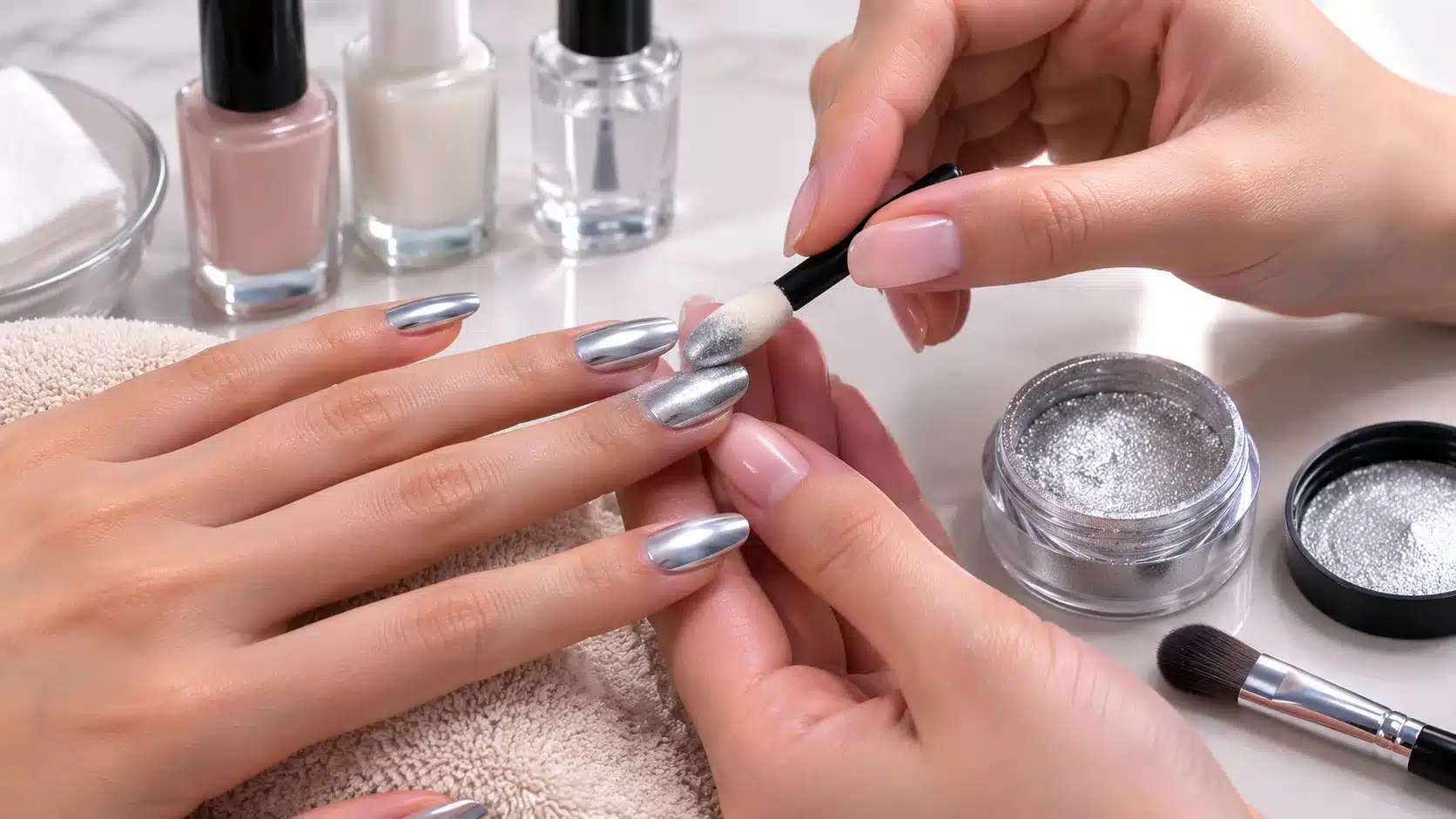 A manicurist applies silver chrome powder with a sponge applicator onto a client's freshly polished nails, surrounded by nail polish bottles and jars of glitter on a white surface.