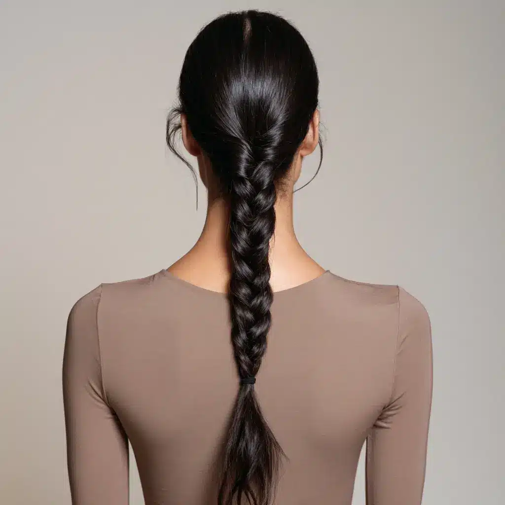 Back view of a woman with long, glossy black hair styled in a neat braid, wearing a taupe long-sleeve top against a plain beige background.