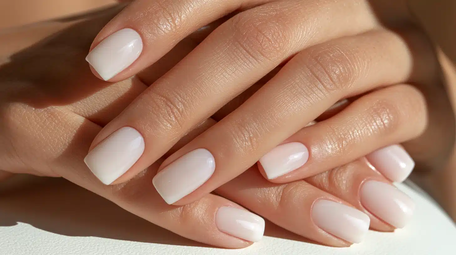 Glossy milky white short square nails on neatly manicured hands.